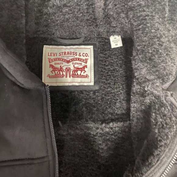 NWT $250 LEVI'S Men M Faux Suede Sherpa Lined Hoodie Bomber Trucker Jacket Black - Picture 9 of 10